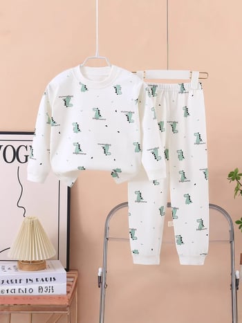 Set termic din bumbac pentru copii: tricou cu gât rotund şi pantaloni, fără cusături