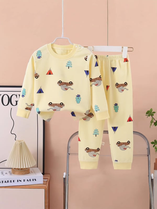 Set termic din bumbac pentru copii: tricou cu gât rotund şi pantaloni, fără cusături