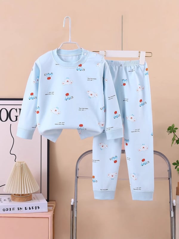 Set termic din bumbac pentru copii: tricou cu gât rotund şi pantaloni, fără cusături