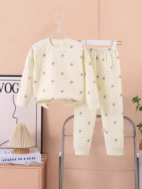 Set termic din bumbac pentru copii: tricou cu gât rotund şi pantaloni, fără cusături