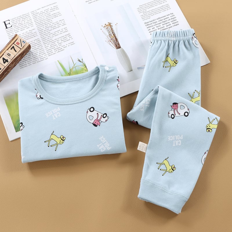 Set termic din bumbac pentru copii: tricou cu gât rotund şi pantaloni, fără cusături