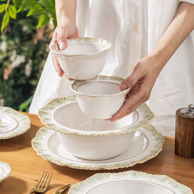 Nova zelena serija porcelanskog posuđa s podglazurom bojom, zdjela za rižu i vintage čipkasti rub