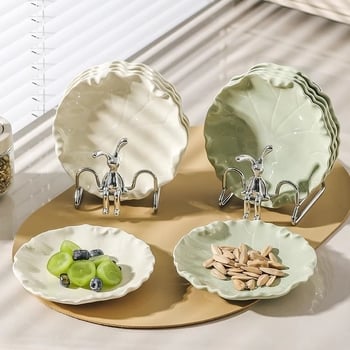 Set de farfurii ceramice cu motiv frunză de lotus – farfurii pentru gustări, desert și fructe uscate, cu suport de depozitare