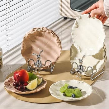 Set de farfurii ceramice cu motiv frunză de lotus – farfurii pentru gustări, desert și fructe uscate, cu suport de depozitare