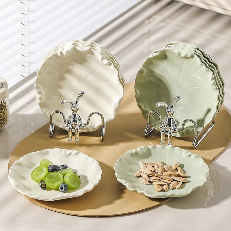 Set de farfurii ceramice cu motiv frunză de lotus – farfurii pentru gustări, desert și fructe uscate, cu suport de depozitare