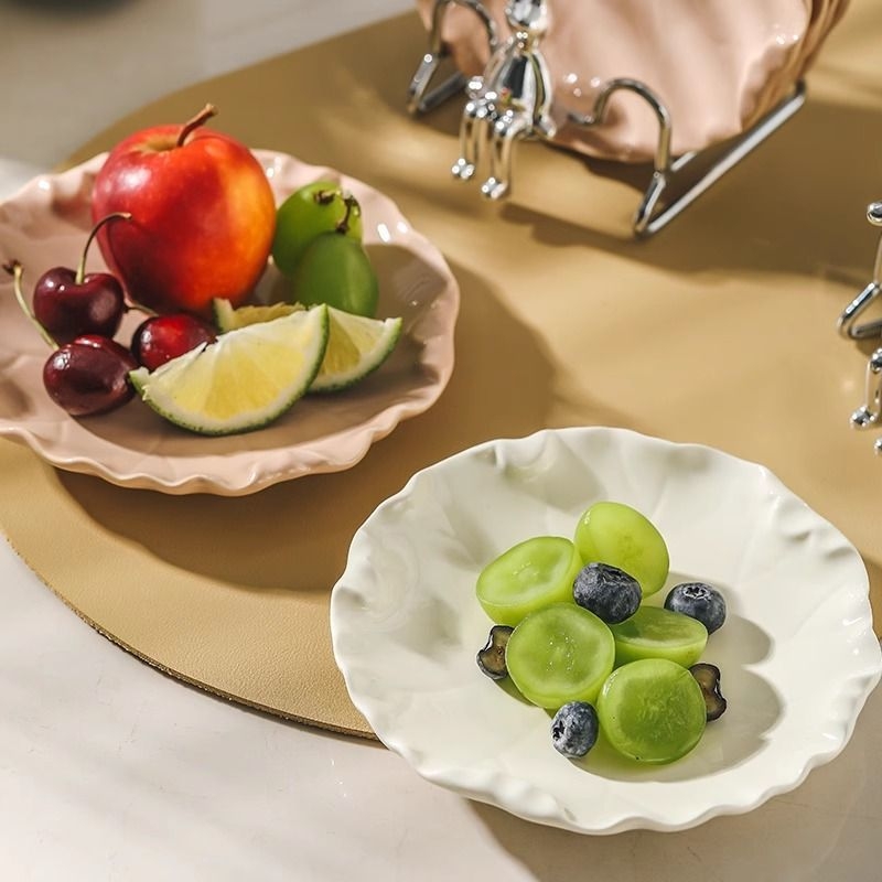 Set de farfurii ceramice cu motiv frunză de lotus – farfurii pentru gustări, desert și fructe uscate, cu suport de depozitare