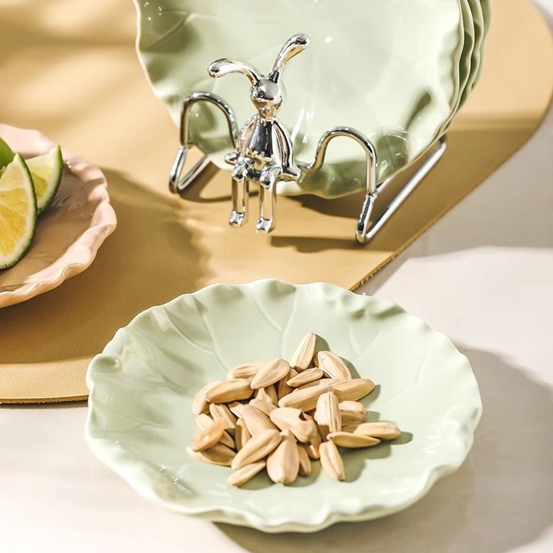 Set de farfurii ceramice cu motiv frunză de lotus – farfurii pentru gustări, desert și fructe uscate, cu suport de depozitare