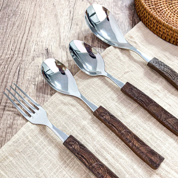 Set tacâmuri Western din oțel inoxidabil 304, cu mâner din lemn de nuc, cuțit, furculiță și lingură, stil retro național, textură ciocănită