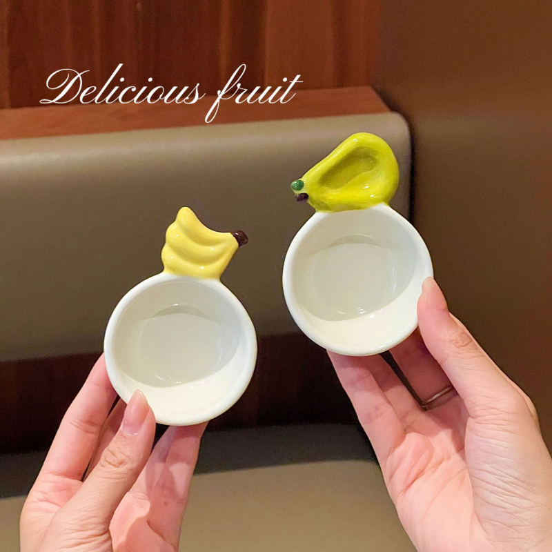 Castron ceramic pentru sos, cu mâner în formă de fructe, design drăguț, compatibil cu cuptorul cu microunde
