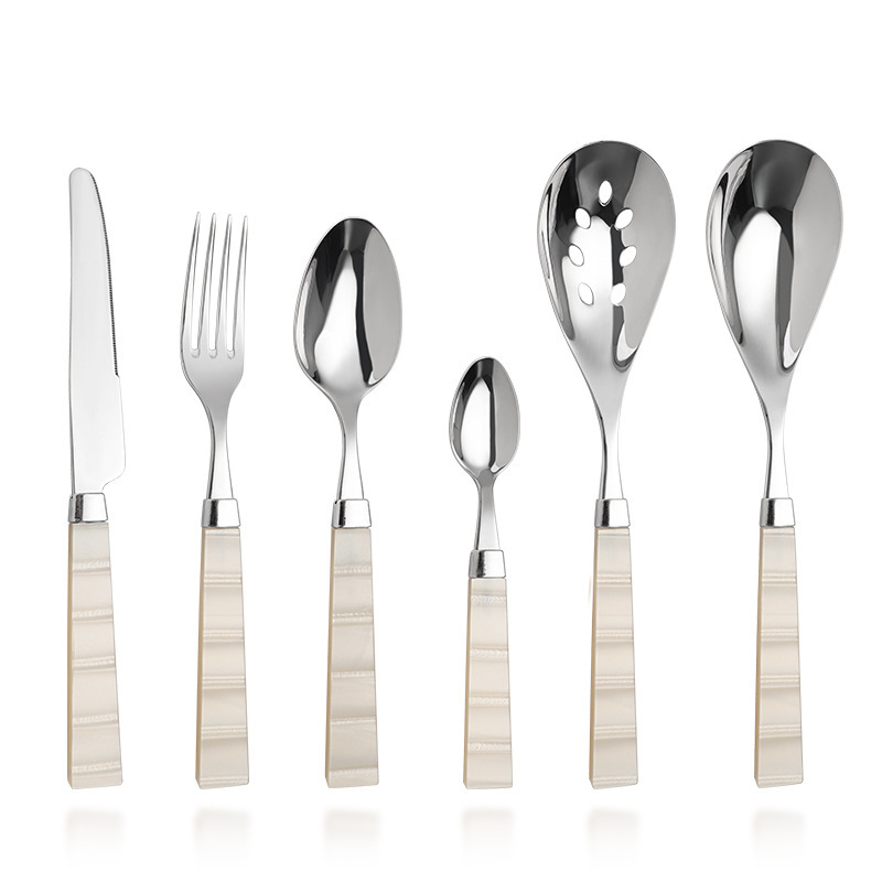 Set tacâmuri cu mâner acrilic alb perlat, din oțel inoxidabil 304 – cuțit, furculiță și lingură pentru masă occidentală acasă