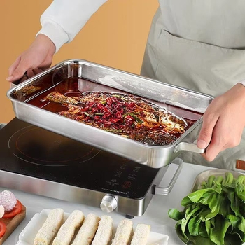Koreai stílusú, rendkívül vastag rozsdamentes acél grill tálca halakhoz és tengeri ételekhez, dupla fogantyúval, téglalap alakú sík aljzatú, indukciós főzőlaphoz