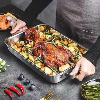 Koreai stílusú, rendkívül vastag rozsdamentes acél grill tálca halakhoz és tengeri ételekhez, dupla fogantyúval, téglalap alakú sík aljzatú, indukciós főzőlaphoz