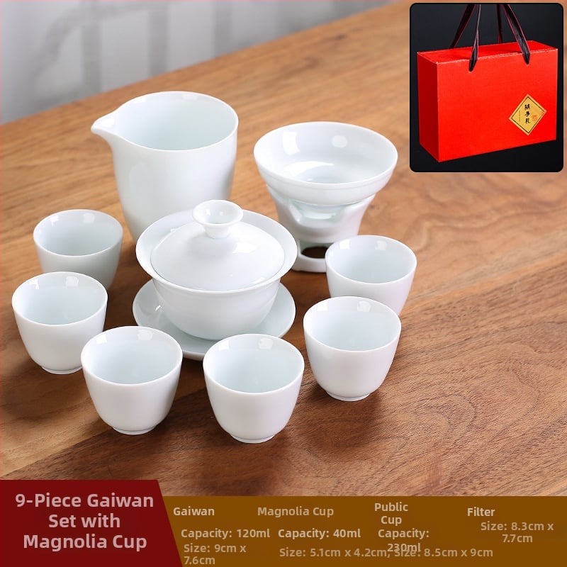 Set de ceai Kung Fu din porțelan alb Dehua, pentru casă și călătorii, set pentru șase persoane cu boluri cu capac și cești, logo personalizabil