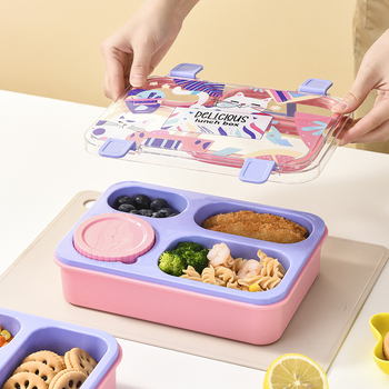 Novi stil crtani prenosni kutija za ručak s četiri odjeljka, plastična Bento kutija, mikrovalna kompatibilna, za učenike, školske kantine i uredske djelatnike