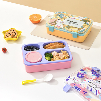 Novi stil crtani prenosni kutija za ručak s četiri odjeljka, plastična Bento kutija, mikrovalna kompatibilna, za učenike, školske kantine i uredske djelatnike
