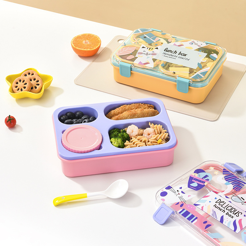 Novi stil crtani prenosni kutija za ručak s četiri odjeljka, plastična Bento kutija, mikrovalna kompatibilna, za učenike, školske kantine i uredske djelatnike