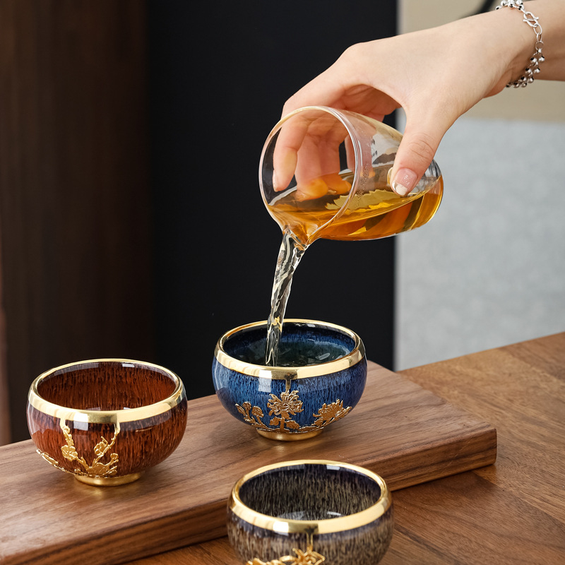 Ceșcă de ceai din jad cu încrustații aurii, ceramică Gongfu, mare