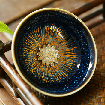 ceașcă de ceai cu glazură Tianmu cu fir de aur, ceașcă Rabbit Hair cu inserție de argint, ceașcă maestru, ceramică arsă în cuptor, ceașcă argintie cu cele 12 zodii
