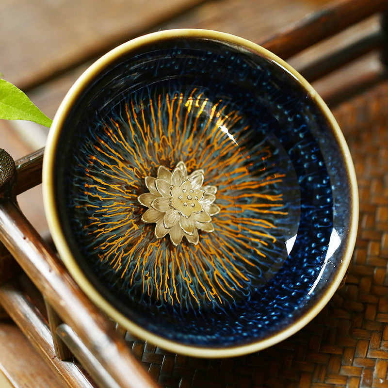 ceașcă de ceai cu glazură Tianmu cu fir de aur, ceașcă Rabbit Hair cu inserție de argint, ceașcă maestru, ceramică arsă în cuptor, ceașcă argintie cu cele 12 zodii