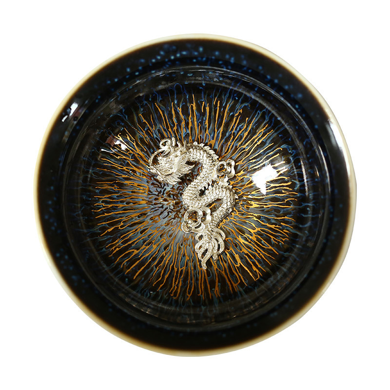 ceașcă de ceai cu glazură Tianmu cu fir de aur, ceașcă Rabbit Hair cu inserție de argint, ceașcă maestru, ceramică arsă în cuptor, ceașcă argintie cu cele 12 zodii