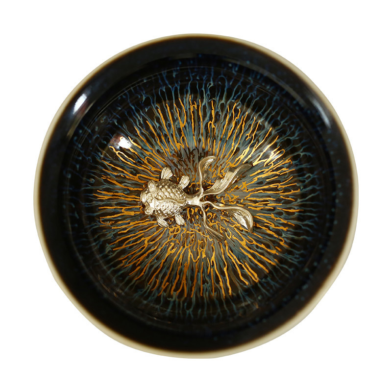 ceașcă de ceai cu glazură Tianmu cu fir de aur, ceașcă Rabbit Hair cu inserție de argint, ceașcă maestru, ceramică arsă în cuptor, ceașcă argintie cu cele 12 zodii