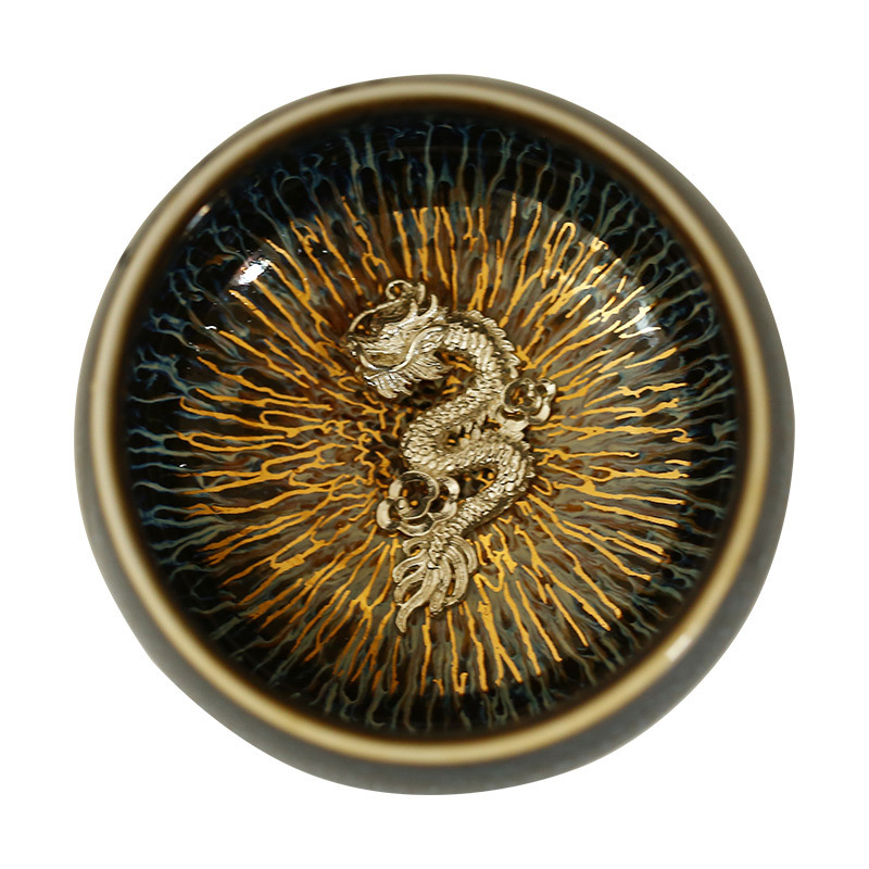ceașcă de ceai cu glazură Tianmu cu fir de aur, ceașcă Rabbit Hair cu inserție de argint, ceașcă maestru, ceramică arsă în cuptor, ceașcă argintie cu cele 12 zodii