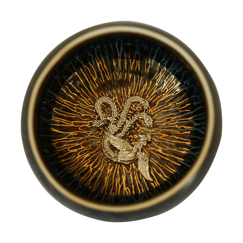 ceașcă de ceai cu glazură Tianmu cu fir de aur, ceașcă Rabbit Hair cu inserție de argint, ceașcă maestru, ceramică arsă în cuptor, ceașcă argintie cu cele 12 zodii