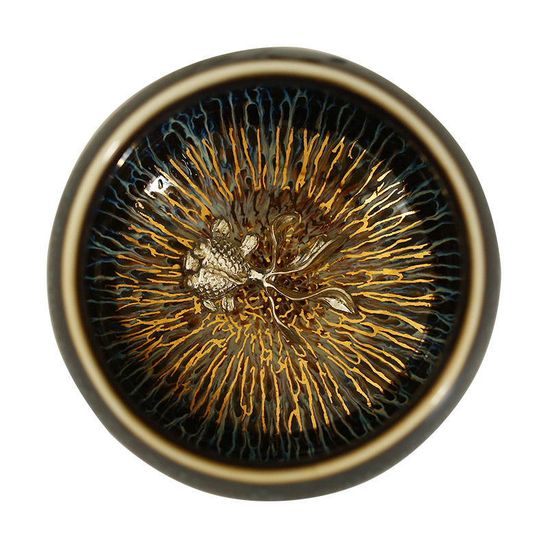 ceașcă de ceai cu glazură Tianmu cu fir de aur, ceașcă Rabbit Hair cu inserție de argint, ceașcă maestru, ceramică arsă în cuptor, ceașcă argintie cu cele 12 zodii