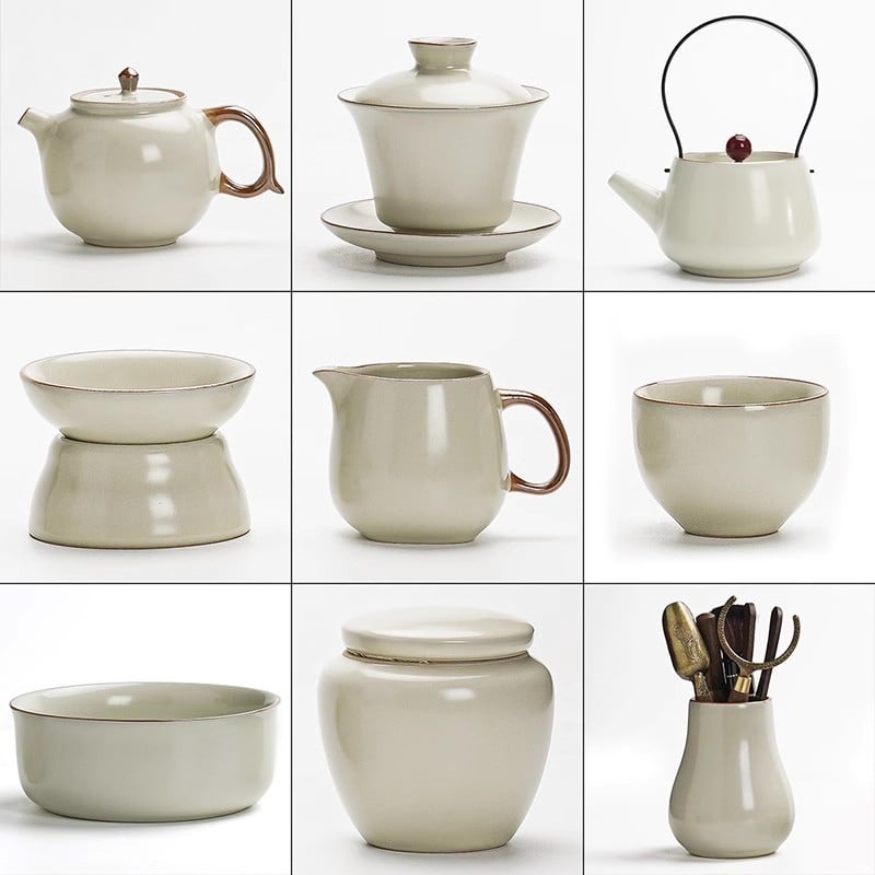 Ruyao Kung Fu set de ceai ceramic: ceainic cu capac, cești și tavă pentru ceai, glazură cu fisuri de gheață, stil modern simplu pentru casă