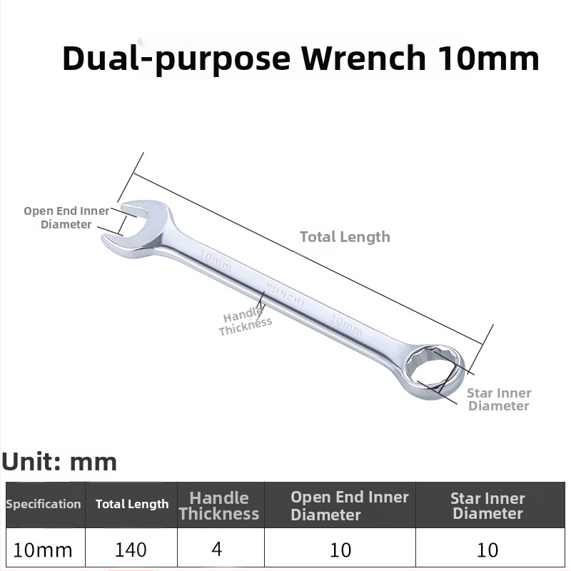 Dvojúčelový kľúč s dvojitou hlavou, ručný kľúč, 13 mm, kombinovaný kľúč s otvoreným koncom, lesklý povrch, oceľ 45#