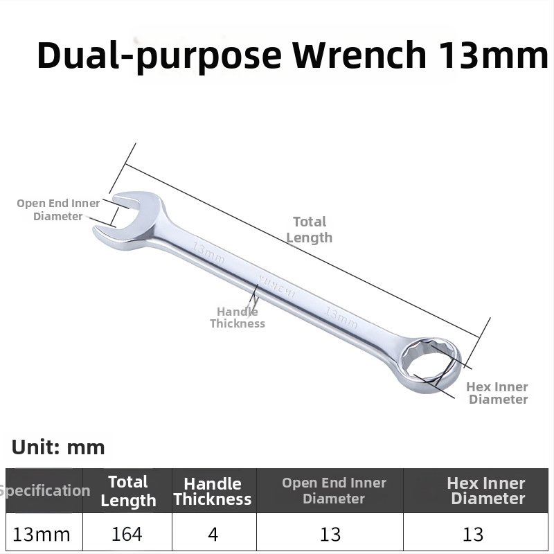 Dvojúčelový kľúč s dvojitou hlavou, ručný kľúč, 13 mm, kombinovaný kľúč s otvoreným koncom, lesklý povrch, oceľ 45#
