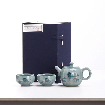 Ge Kiln Gongfu Set Ceai cu Cutie Cadou – o ceainică și două cești, stil minimalist din ceramică