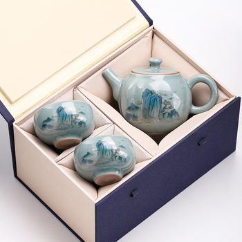 Ge Kiln Gongfu Set Ceai cu Cutie Cadou – o ceainică și două cești, stil minimalist din ceramică