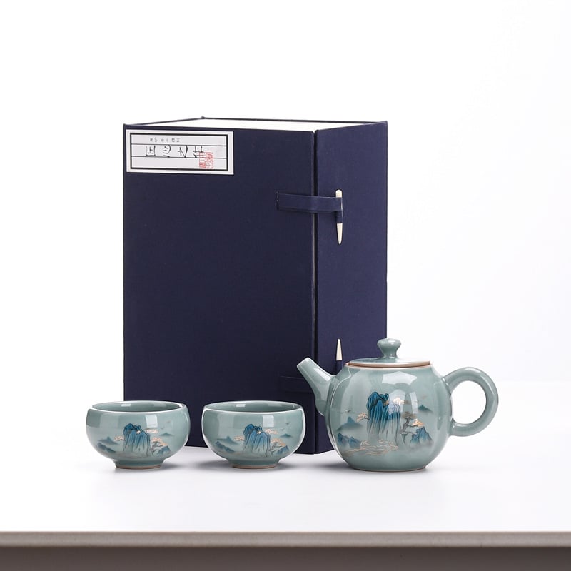 Ge Kiln Gongfu Set Ceai cu Cutie Cadou – o ceainică și două cești, stil minimalist din ceramică