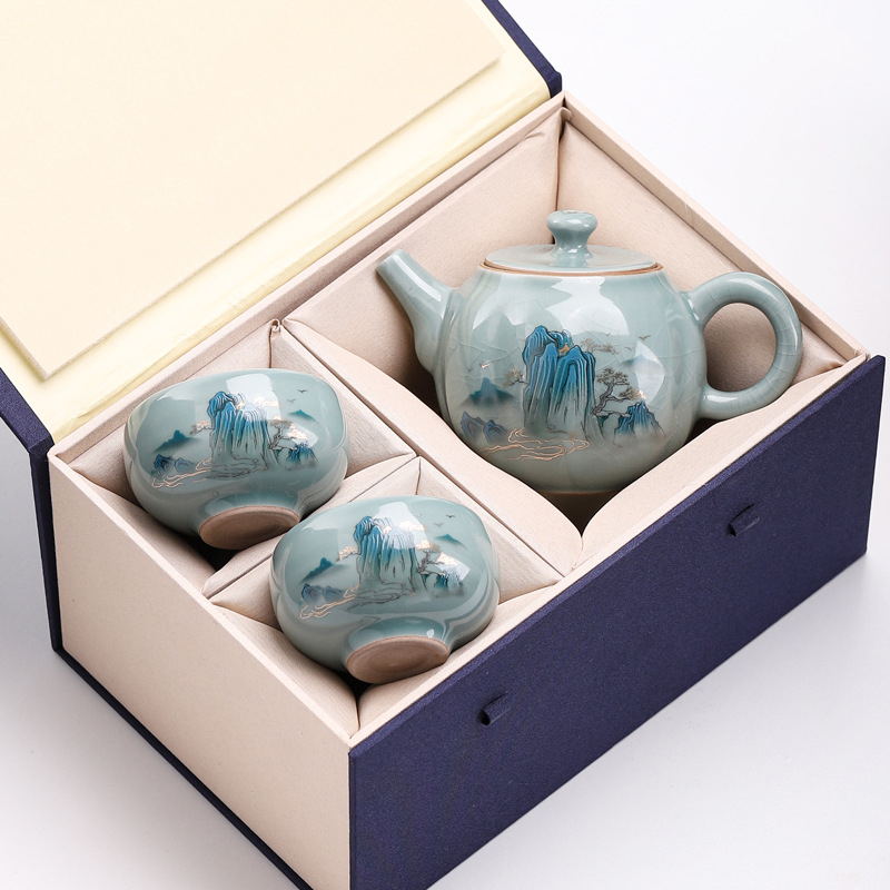 Ge Kiln Gongfu Set Ceai cu Cutie Cadou – o ceainică și două cești, stil minimalist din ceramică