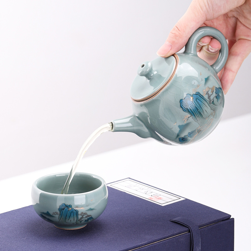 Ge Kiln Gongfu Set Ceai cu Cutie Cadou – o ceainică și două cești, stil minimalist din ceramică