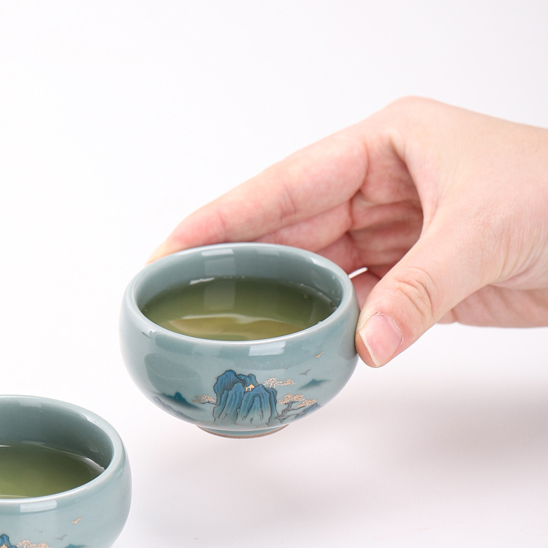 Ge Kiln Gongfu Set Ceai cu Cutie Cadou – o ceainică și două cești, stil minimalist din ceramică
