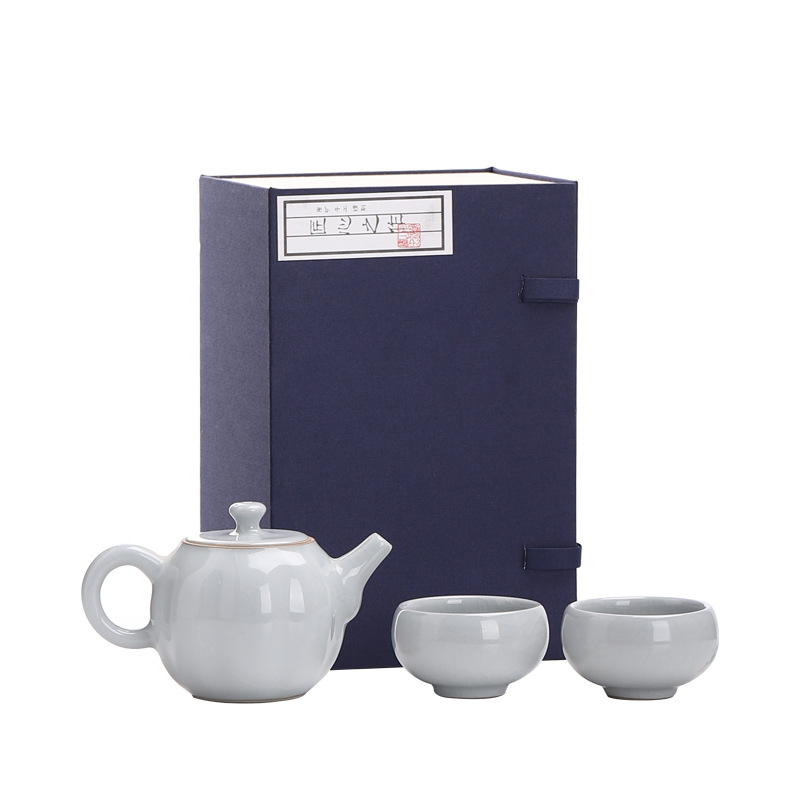 Ge Kiln Gongfu Set Ceai cu Cutie Cadou – o ceainică și două cești, stil minimalist din ceramică
