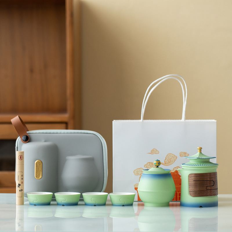 Set portabil de ceai cu ceainic ceramic și patru căni, în stil chinezesc nou – cadou de afaceri