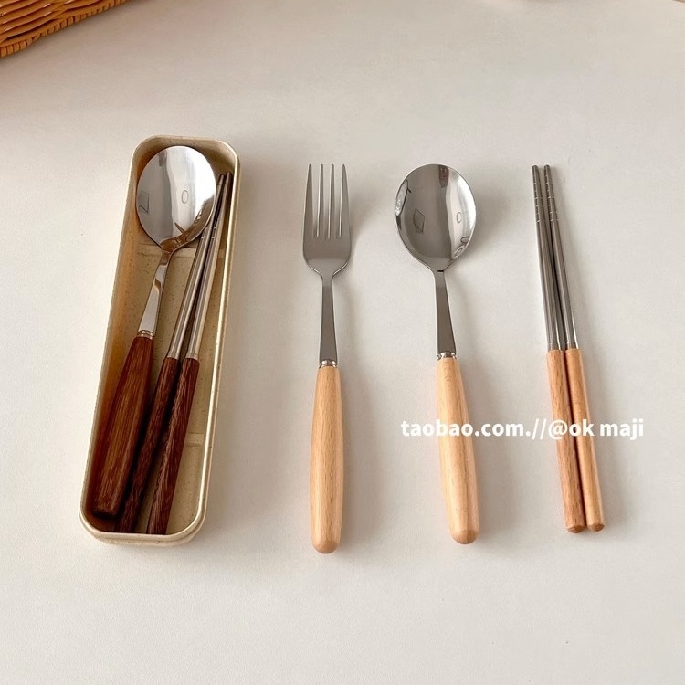 Made by Hanyang: set pribora s drvenom drškom u korejskom stilu IN STYLE, retro nehrđajući čelik zapadna kuhinja — žlica, vilica za tjesteninu, nož, vilica i drvena žlica s ručkom u obliku krila piletine