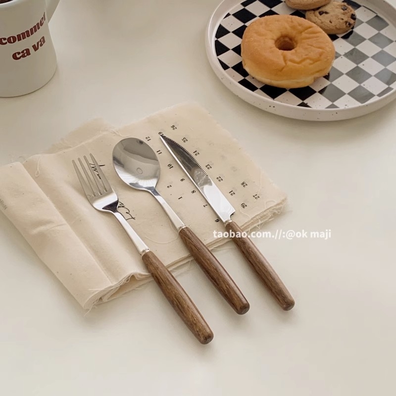 Made by Hanyang: set pribora s drvenom drškom u korejskom stilu IN STYLE, retro nehrđajući čelik zapadna kuhinja — žlica, vilica za tjesteninu, nož, vilica i drvena žlica s ručkom u obliku krila piletine