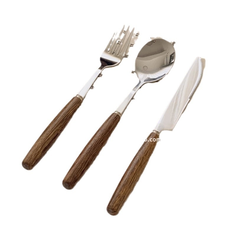 Made by Hanyang: set pribora s drvenom drškom u korejskom stilu IN STYLE, retro nehrđajući čelik zapadna kuhinja — žlica, vilica za tjesteninu, nož, vilica i drvena žlica s ručkom u obliku krila piletine
