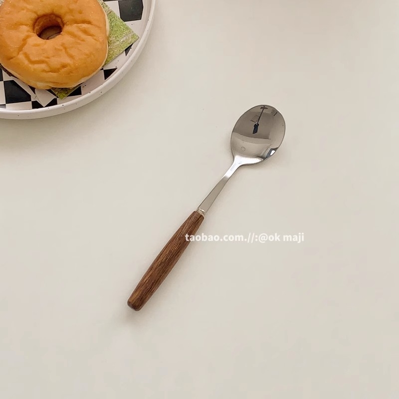 Made by Hanyang: set pribora s drvenom drškom u korejskom stilu IN STYLE, retro nehrđajući čelik zapadna kuhinja — žlica, vilica za tjesteninu, nož, vilica i drvena žlica s ručkom u obliku krila piletine