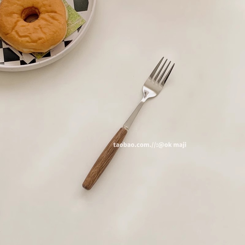 Made by Hanyang: set pribora s drvenom drškom u korejskom stilu IN STYLE, retro nehrđajući čelik zapadna kuhinja — žlica, vilica za tjesteninu, nož, vilica i drvena žlica s ručkom u obliku krila piletine