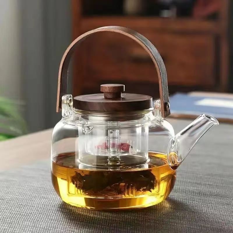 Ceainic din sticlă borosilikat de înaltă rezistență, cu dublă utilizare pentru fierberea apei și infuzarea ceaiului, cu mâner