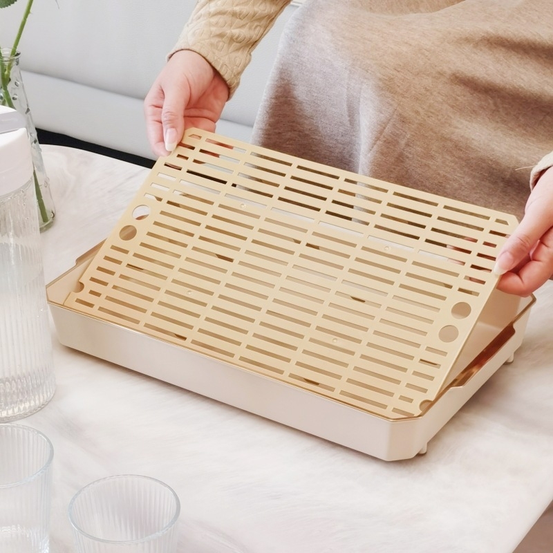 Tavă dublă din plastic pentru fructe cu scurgere, tavă pentru ceai și depozitare în bucătărie