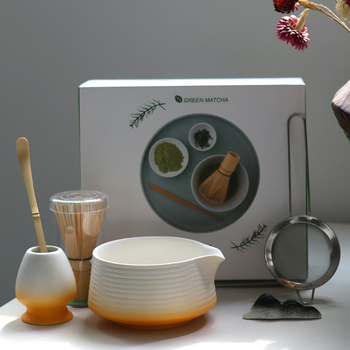 Qihuang Set de Ceai Matcha, 4 piese: bol ceramic, tel de amestecare, suport pentru tel, linguriță, cutie colorată