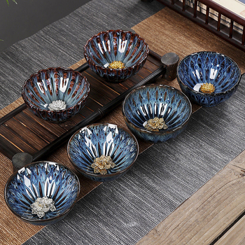Ceașcă de ceai Jian ware cu incrustație de argint și design ceramic cu petale pentru ceremonia tradițională a ceaiului chinezesc
