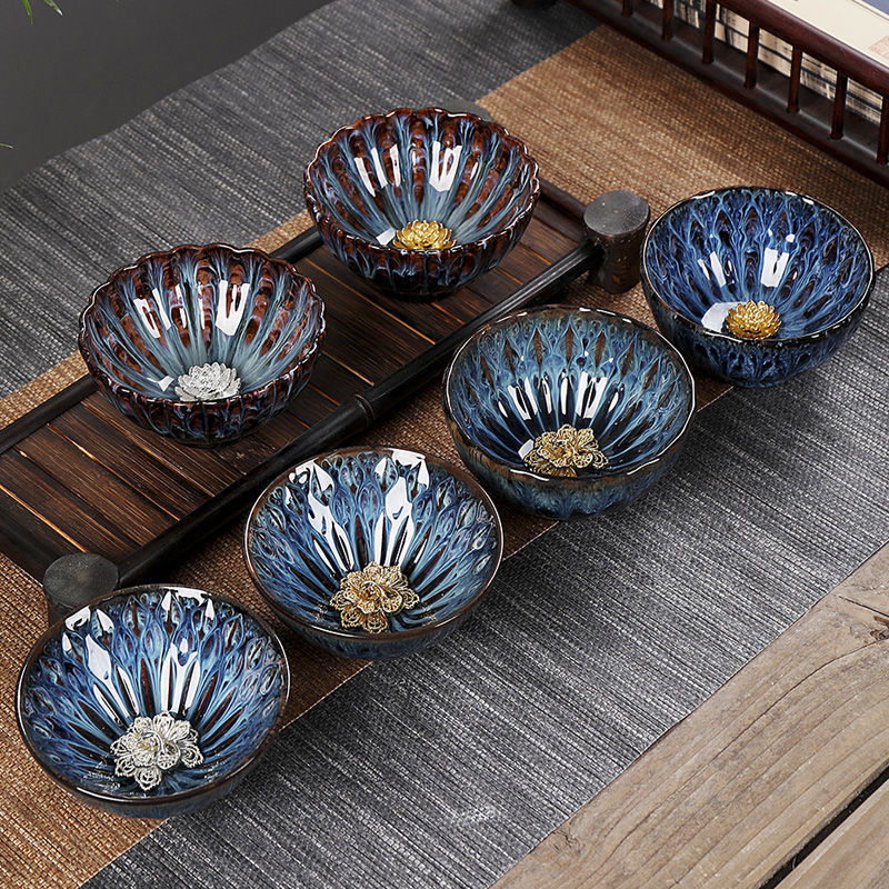 Ceașcă de ceai Jian ware cu incrustație de argint și design ceramic cu petale pentru ceremonia tradițională a ceaiului chinezesc
