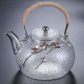 Ceainic din sticlă cu mâner, funcție de fierbere a apei, pentru plită, rezistent la temperaturi înalte, design cu flori de staniu